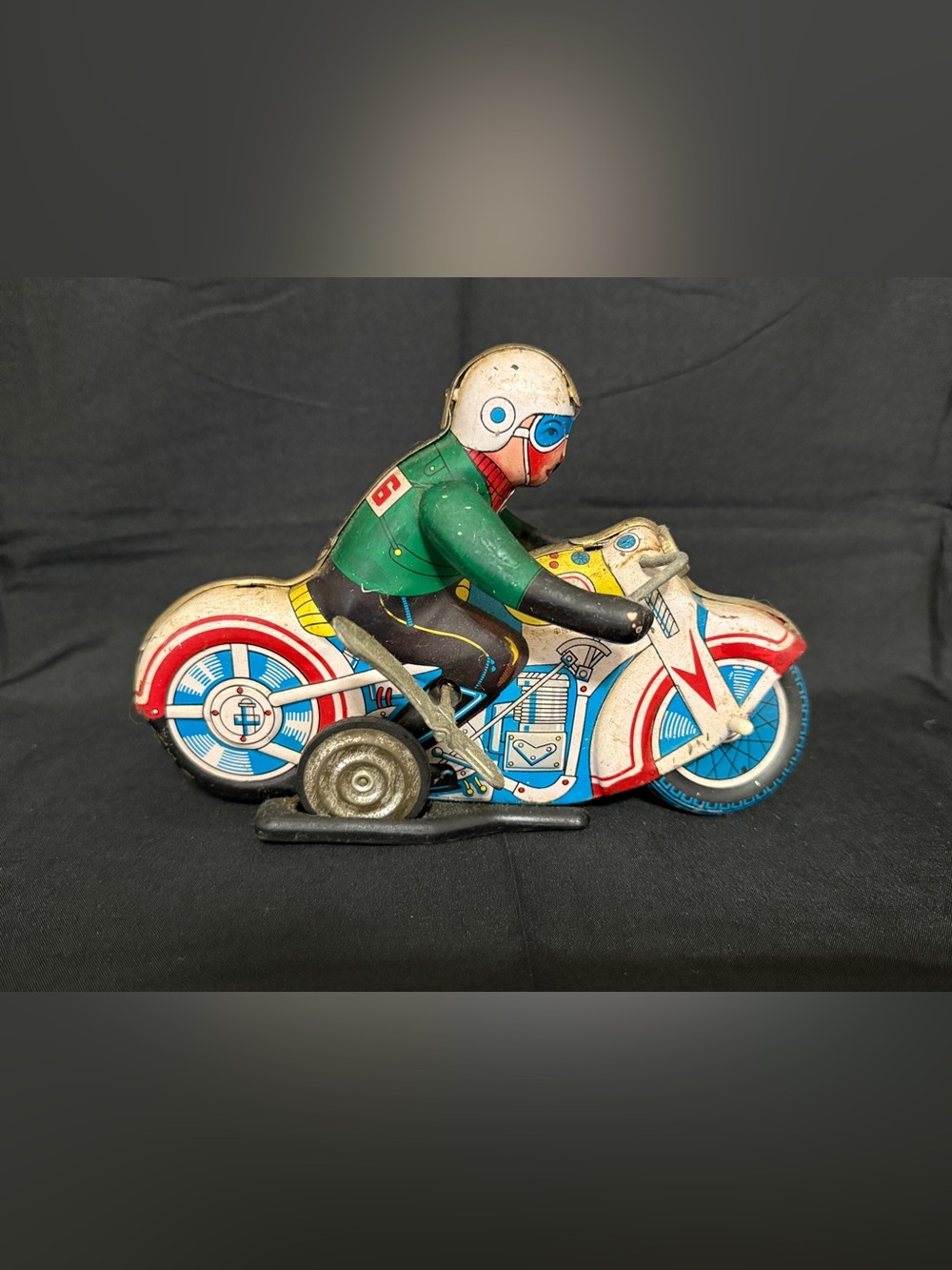 Vintage Tin Wind-Up Motorbike Toy - Green Rider